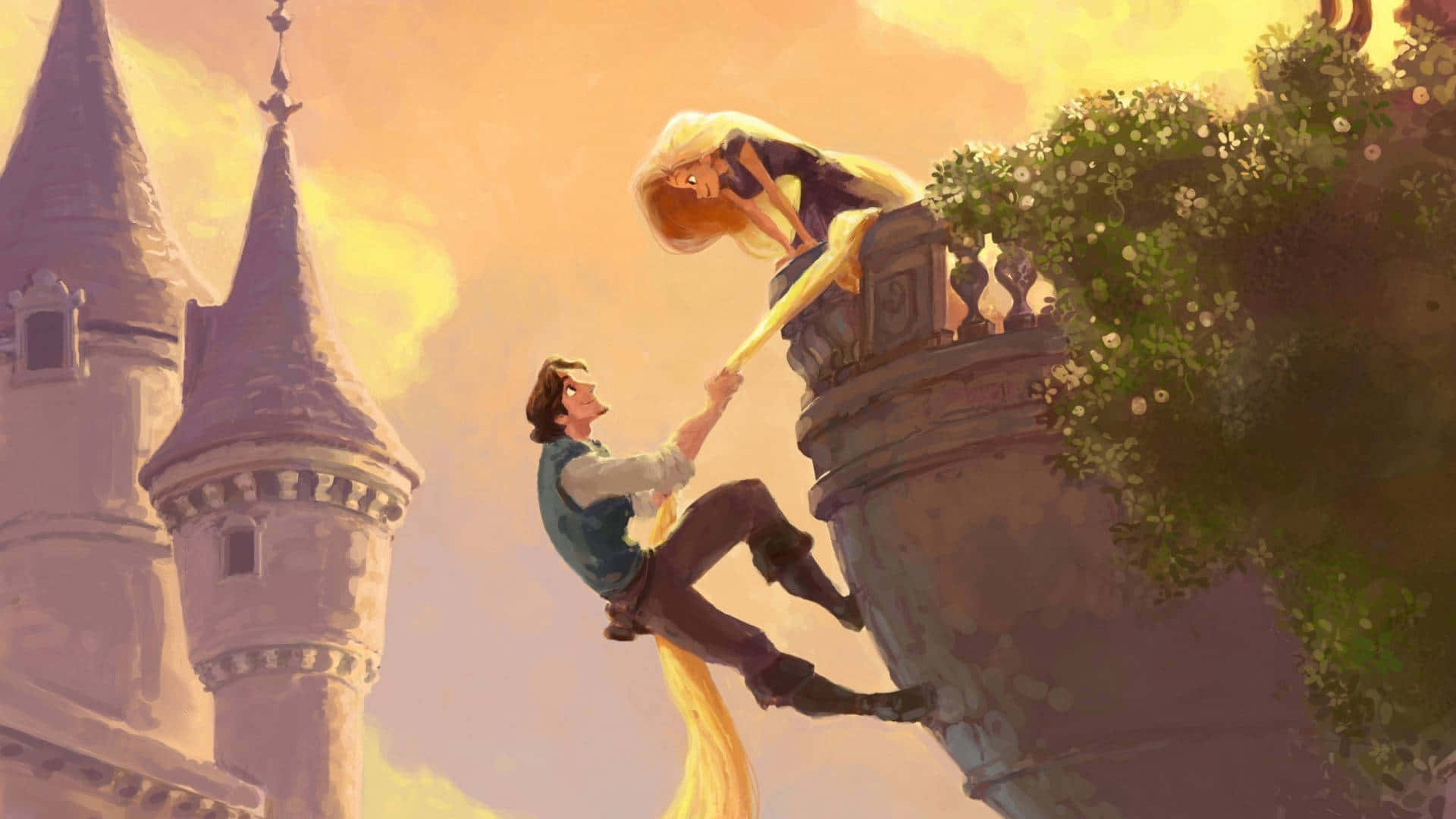 Rapunzel admiring the lantern-filled sky from her tower