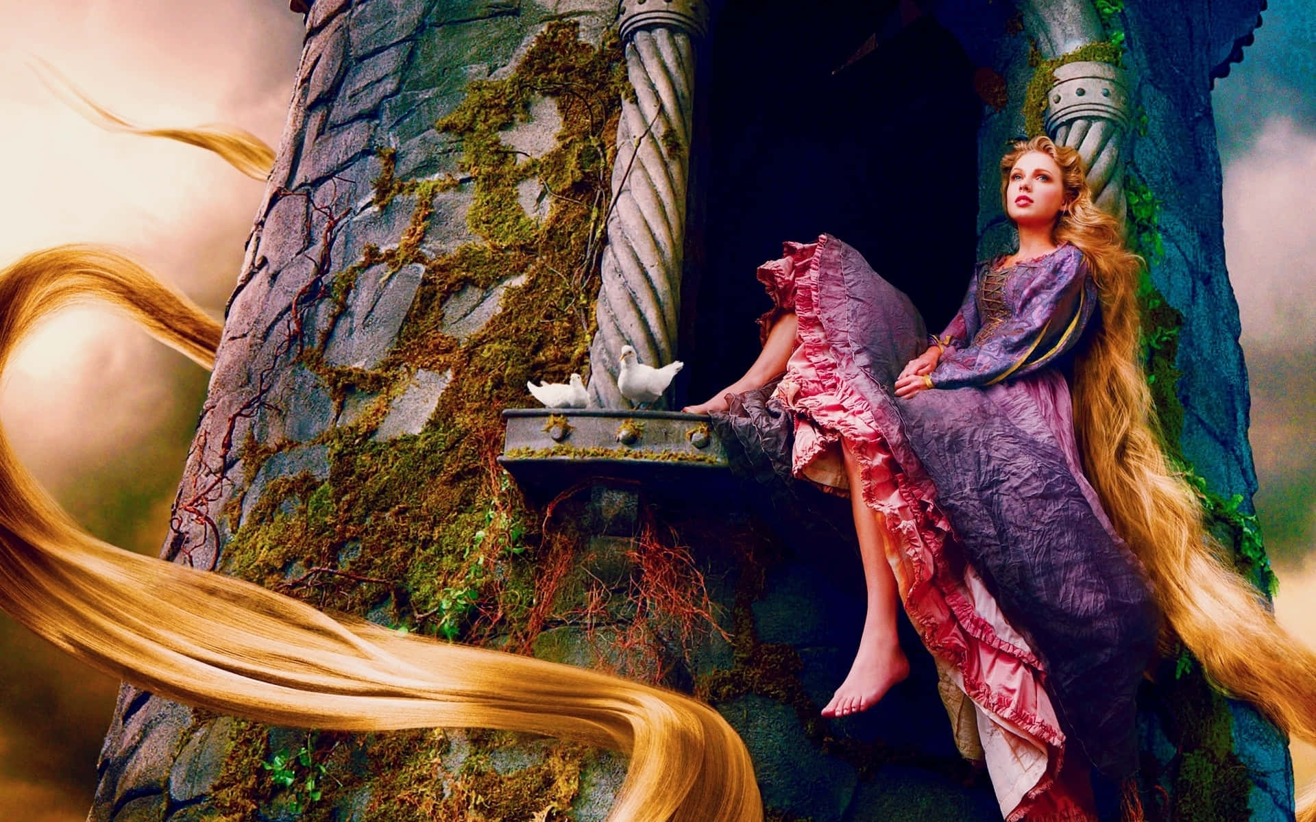 Rapunzel with her magical golden hair in a magical forest