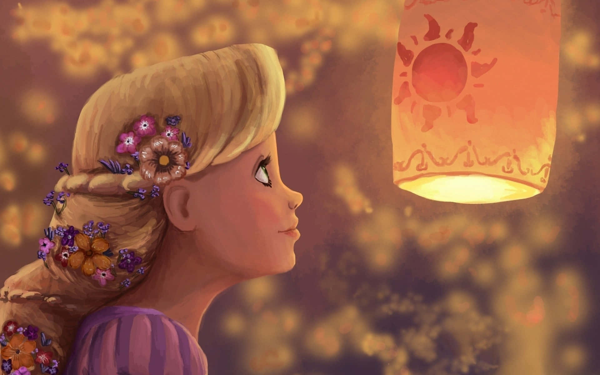 Magical golden-haired Rapunzel gazing from her tower