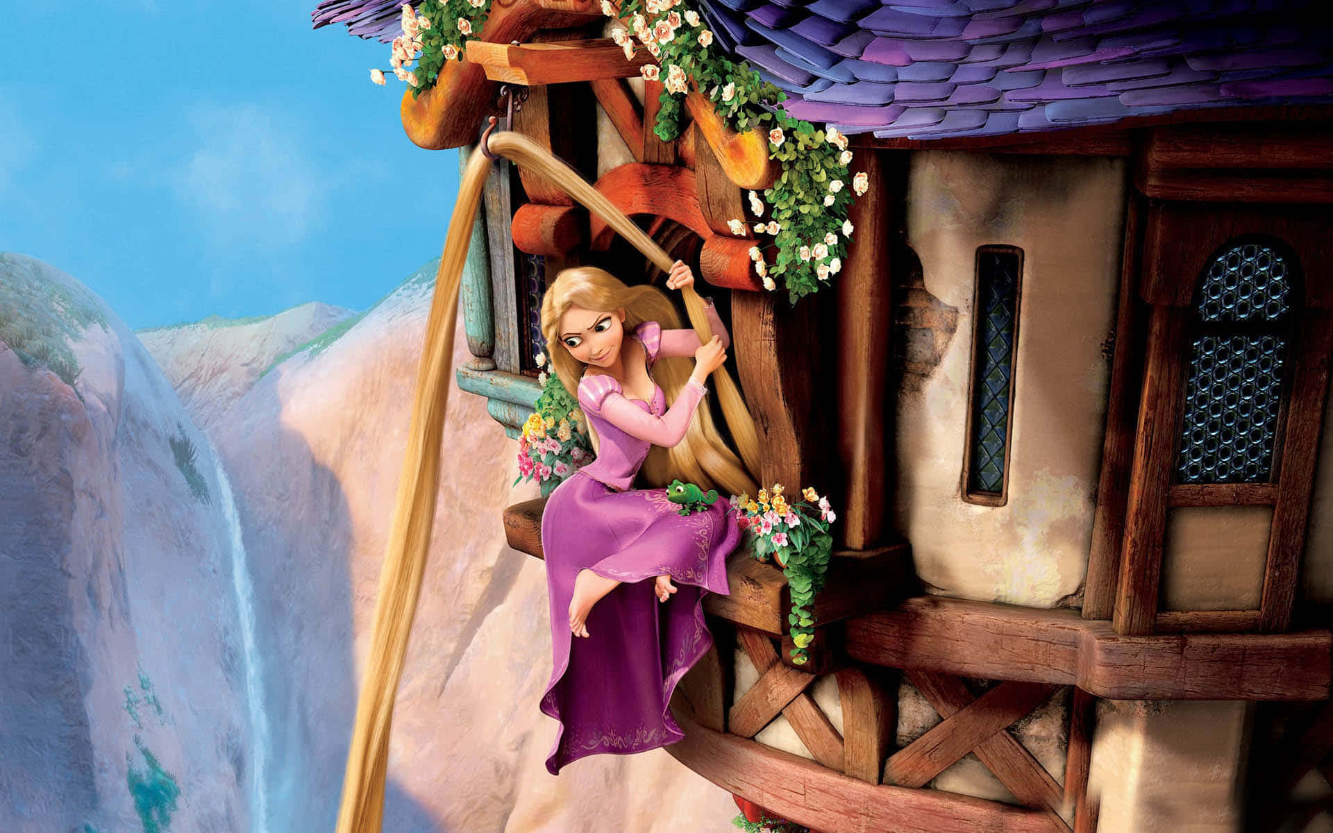 Rapunzel smiling in a beautiful sunny meadow