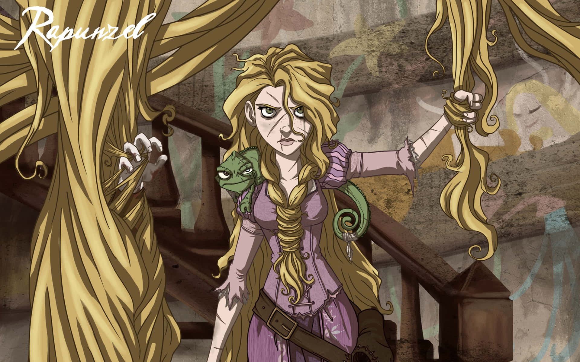 Rapunzel standing on a balcony with her long golden hair flowing in the wind