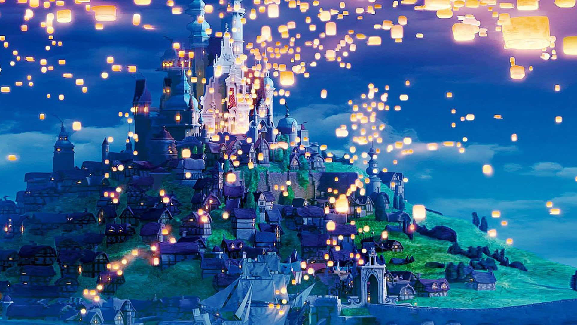 Rapunzel admiring the enchanting lanterns from her tower