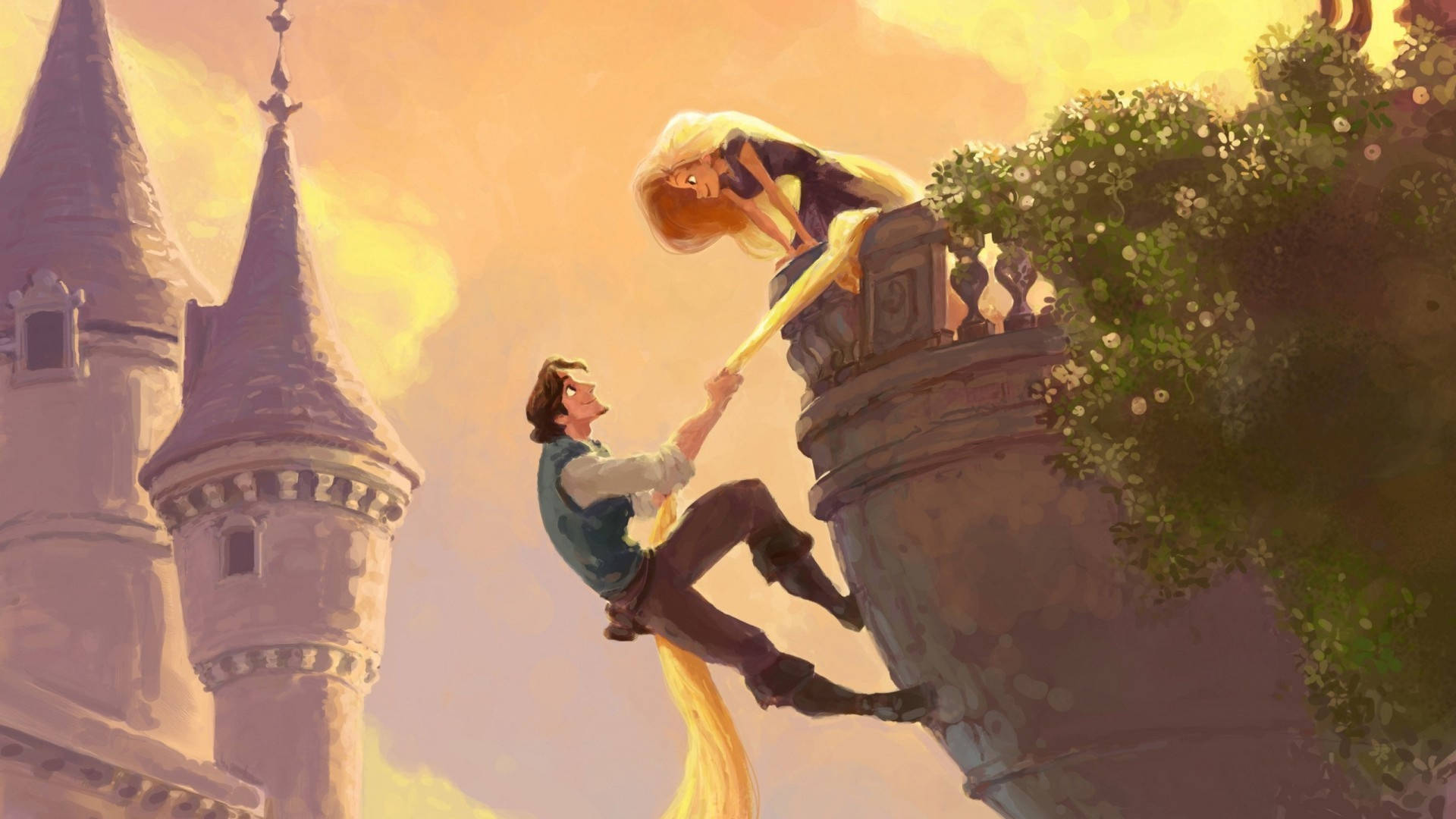 Rapunzel and Flynn prepare for their escape from the castle balcony Wallpaper