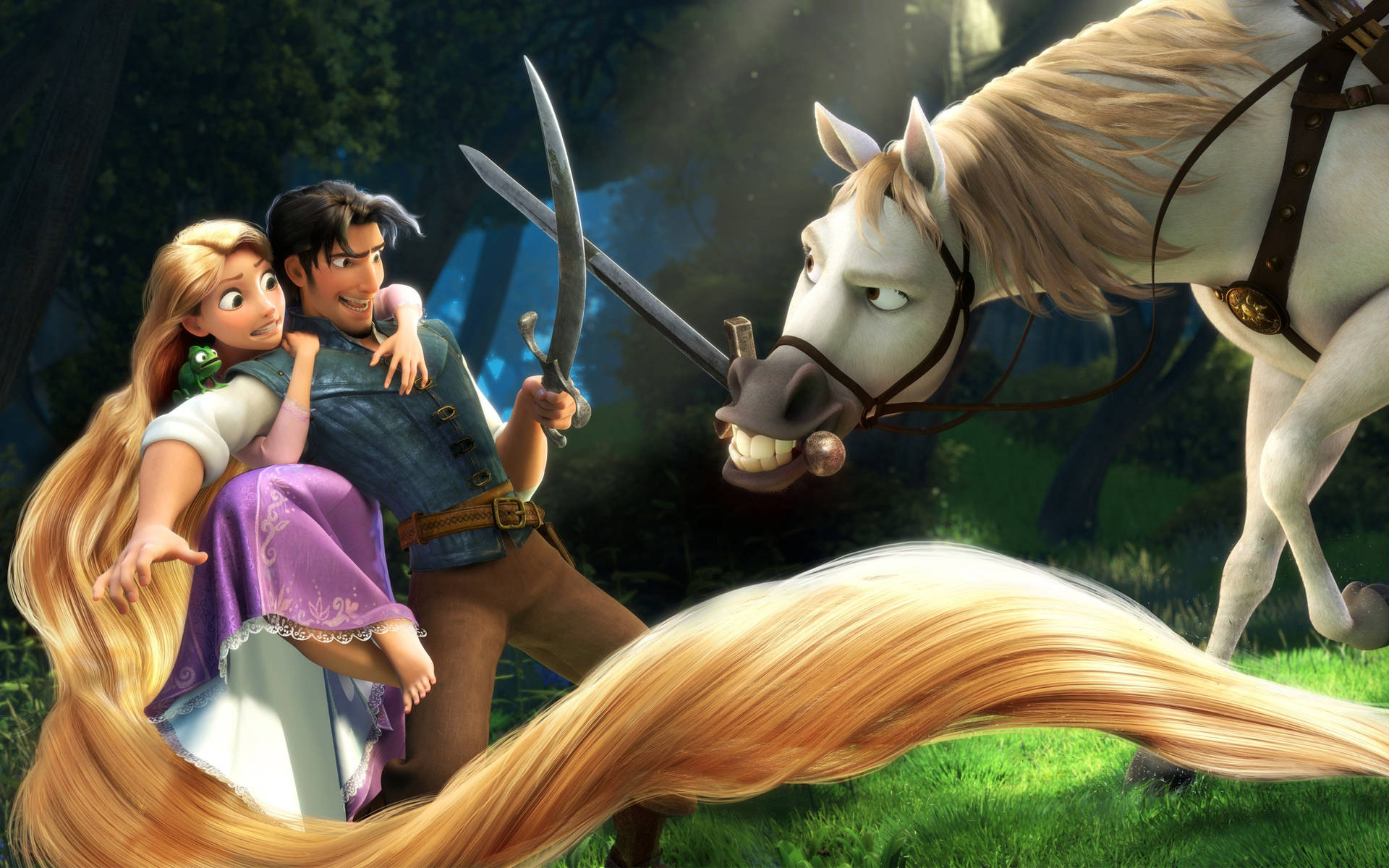 Rapunzel and Flynn engage in a daring sword fight Wallpaper