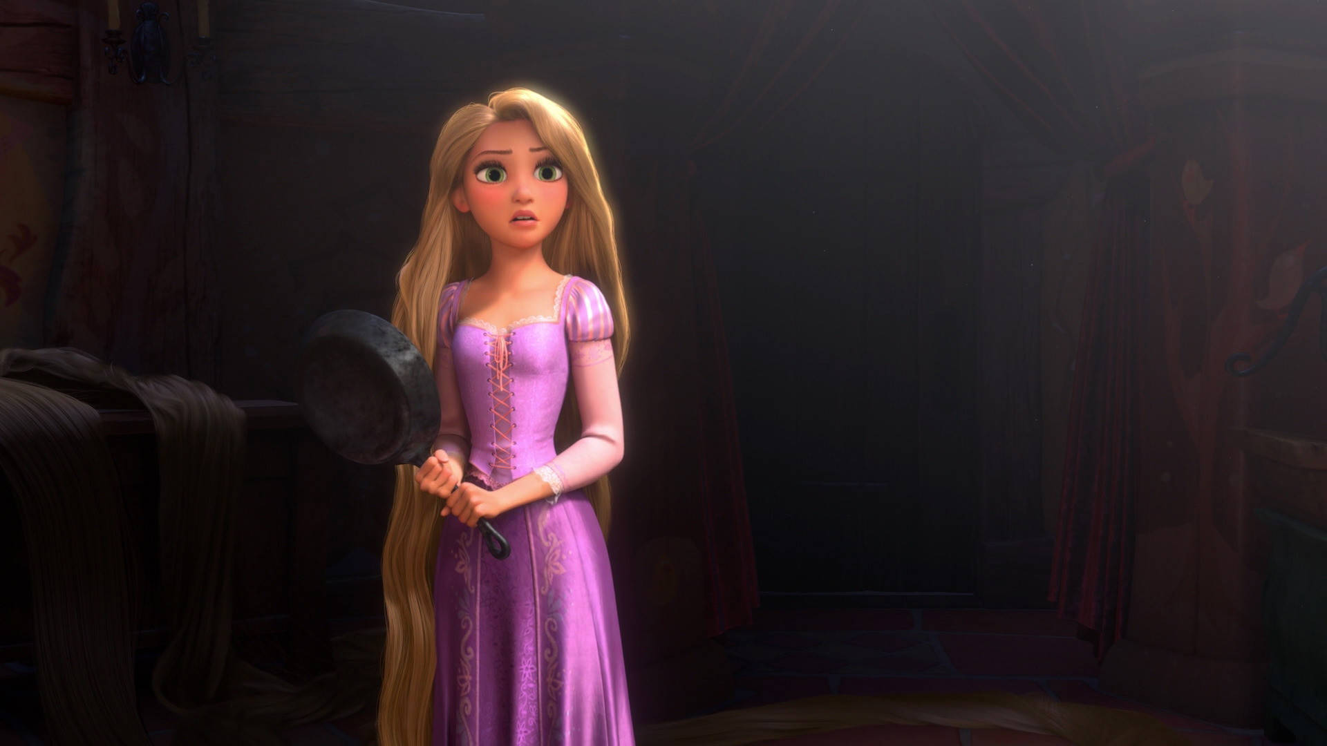 Disney's Rapunzel holds a frying pan in one hand while the other reaches for the sky Wallpaper