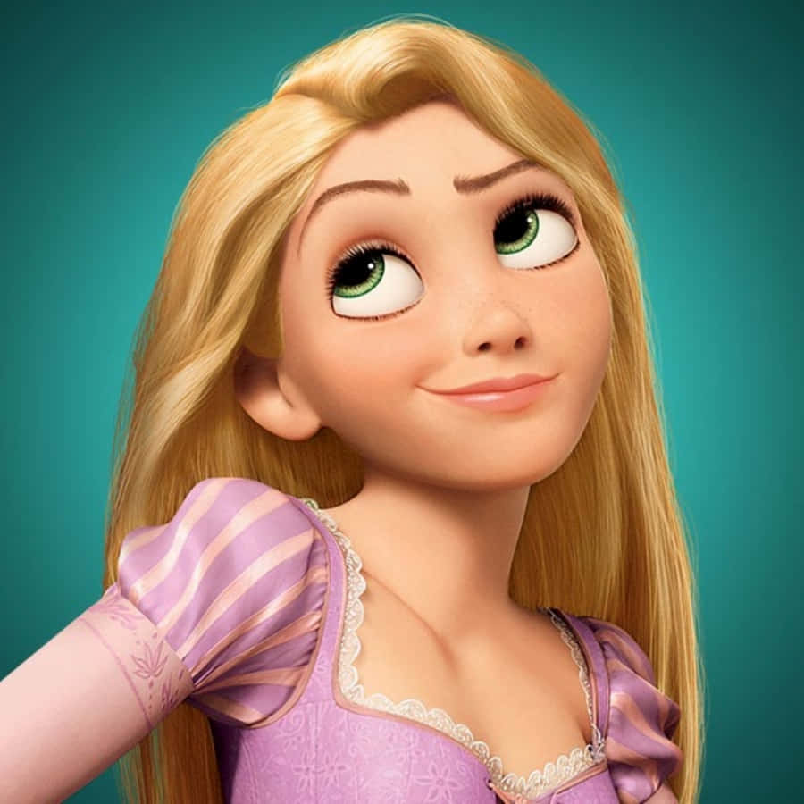 Rapunzel looks over her shoulder towards the glowing horizon as she stands on top of the mountain.