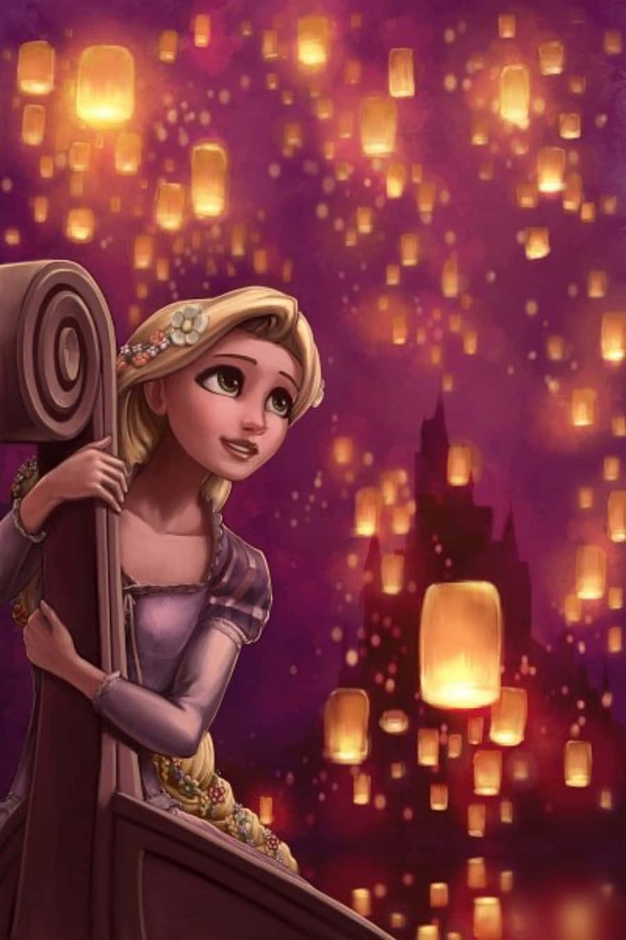 Rapunzel looks out of her tower with a dreamy expression.