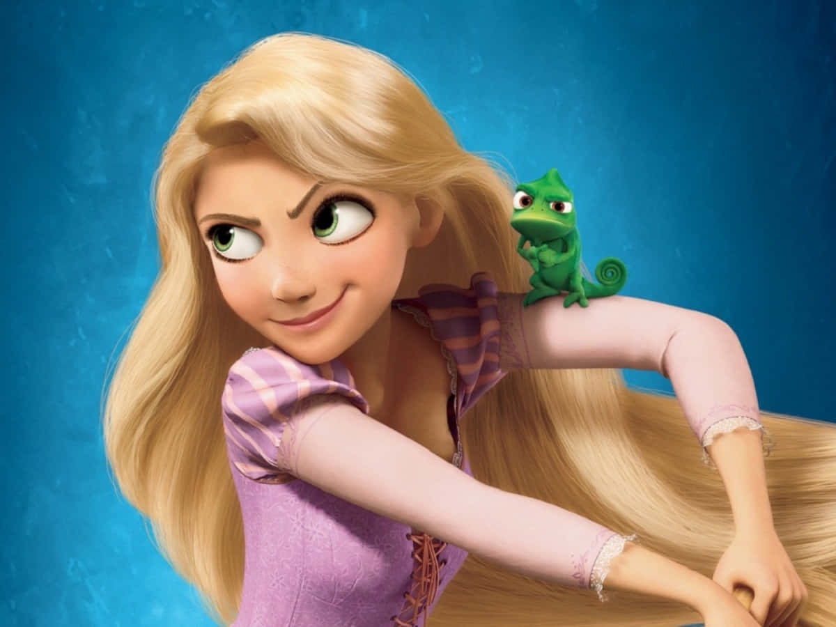 Rapunzel stands atop a castle tower, gazing outward into the distance.