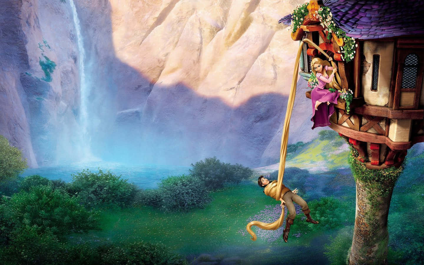 Rapunzelcontemplando Un Reino Vibrante Y Mágico Con Su Largo Cabello Dorado Ondeando Al Viento.