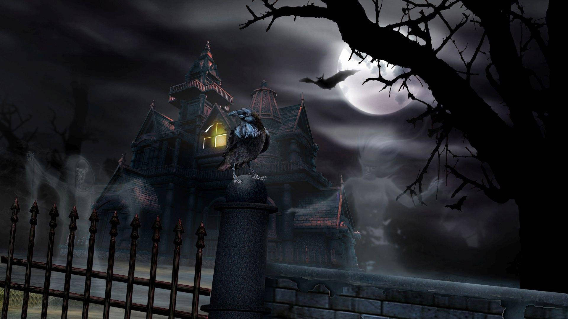 Raven And Ghosts Outside Haunted House Wallpaper