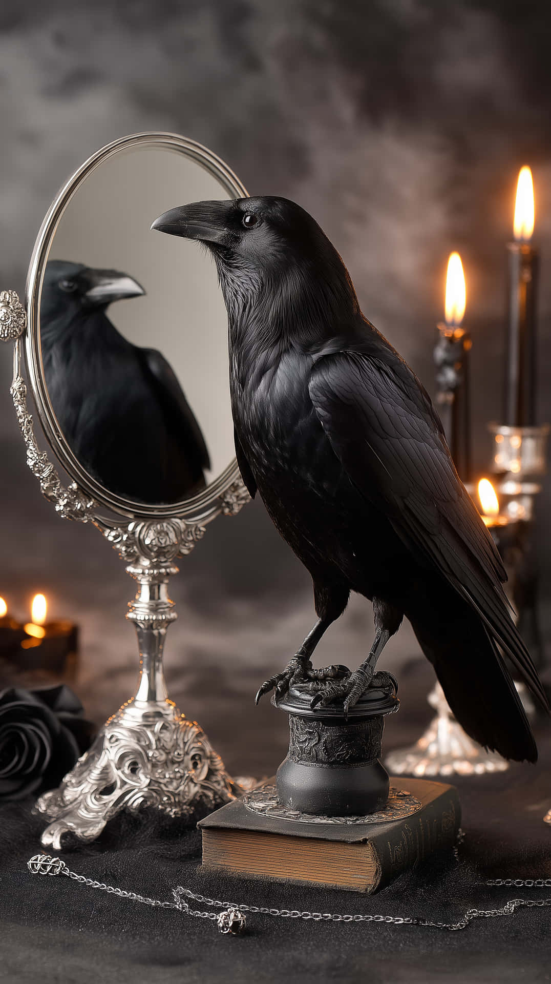Raven With Ornate Mirror And Glowing Candles, Dark Academia Wallpaper