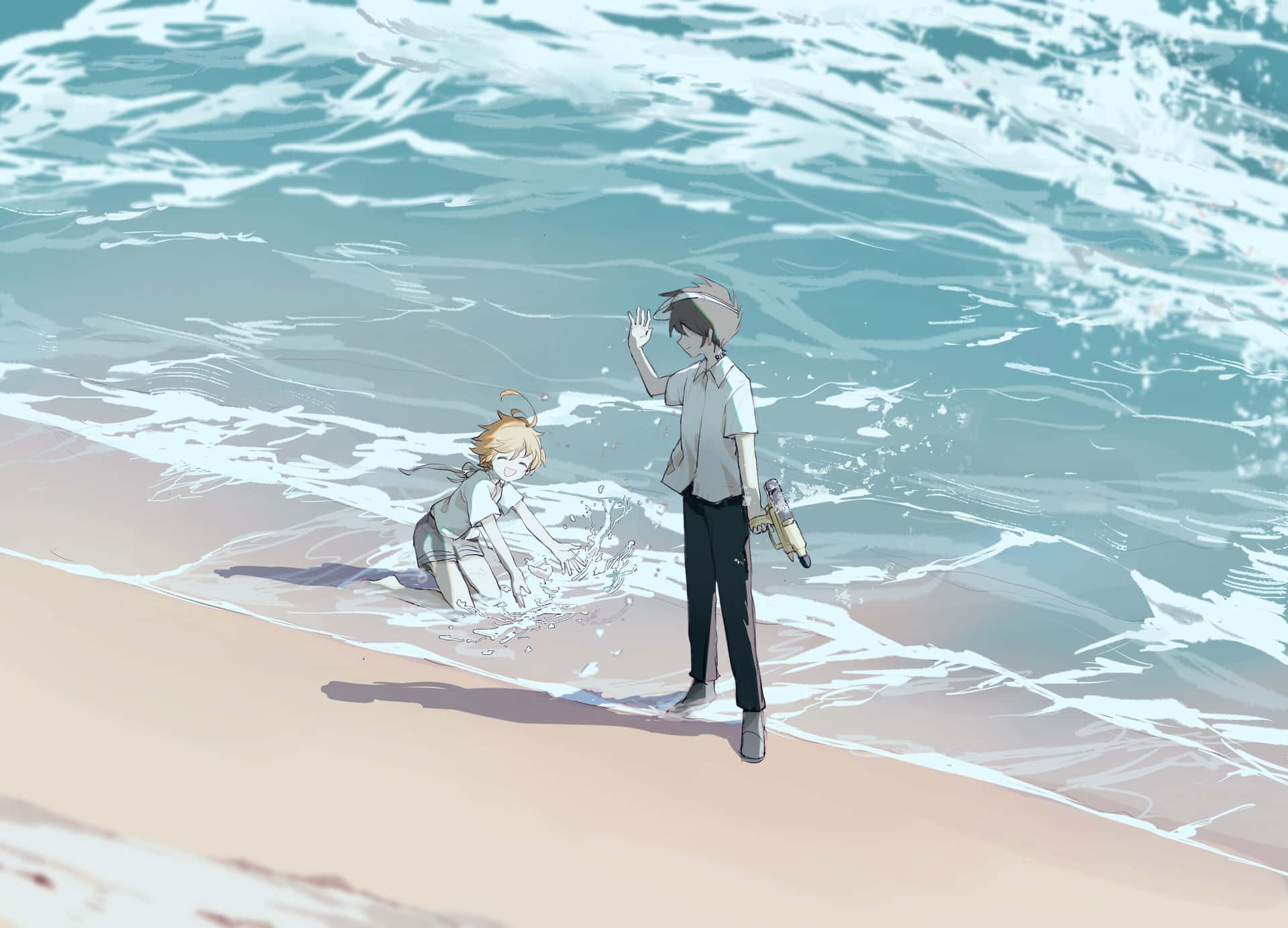 Emma og Ray The Promised Neverland på stranden Wallpaper