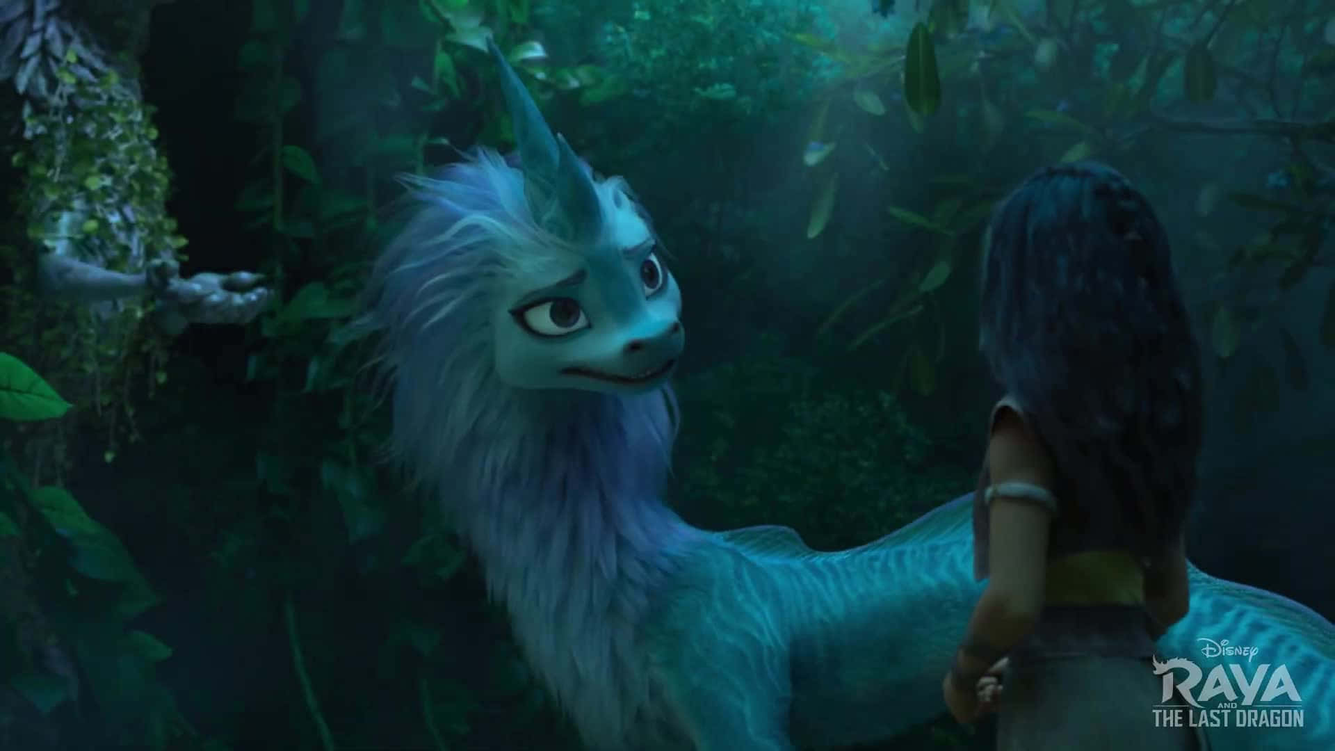 A Girl Is Standing Next To A Blue Dragon In The Jungle