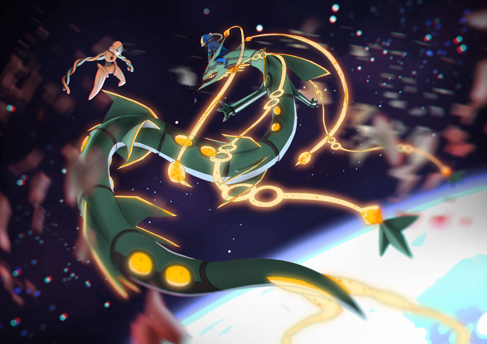The Legendary Rayquaza Waging War in Space Wallpaper