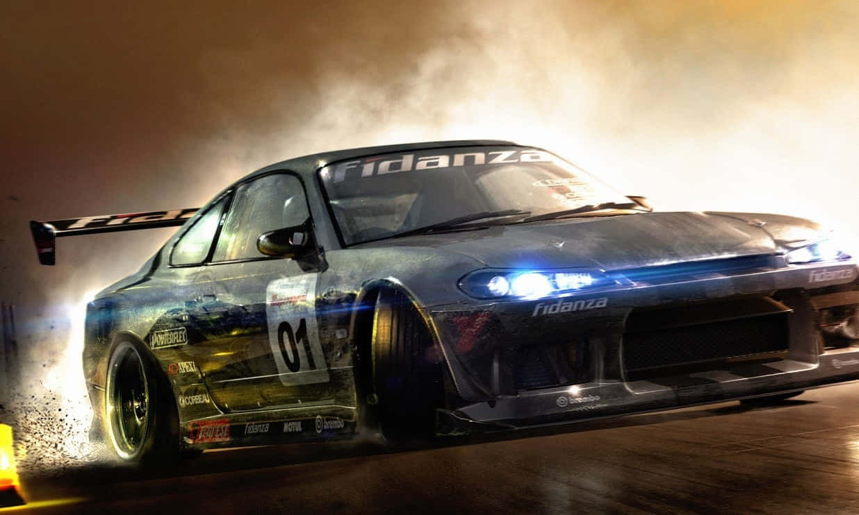 A Car Driving Down A Track With Smoke Coming Out Of It Wallpaper