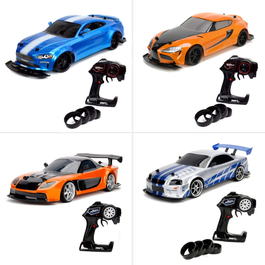 Four Different Toy Cars With Different Colors And Accessories
