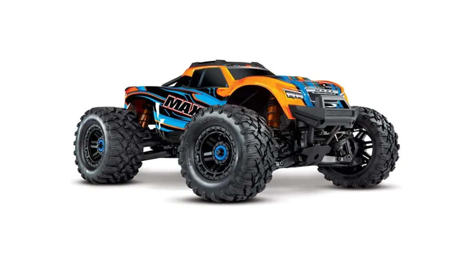 A Blue And Orange Monster Truck On A White Background
