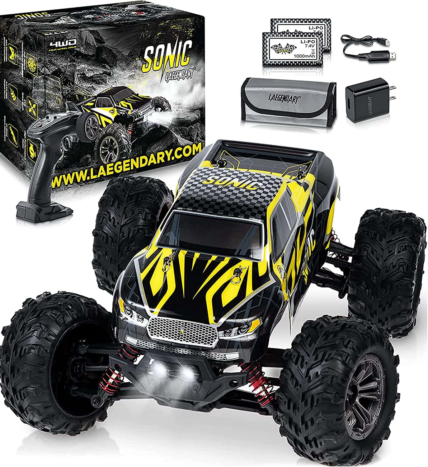 A Yellow And Black Monster Truck With A Yellow Box