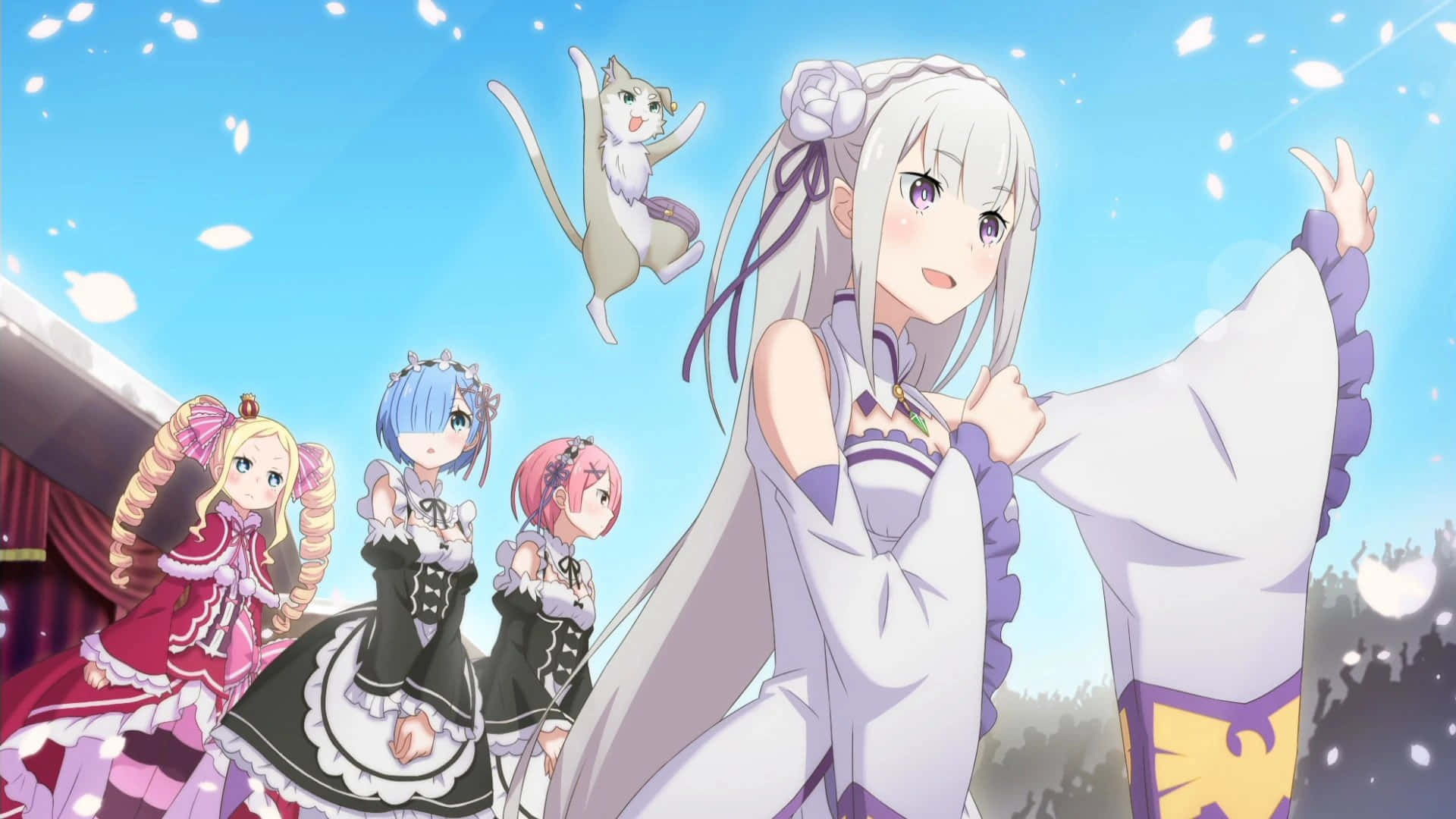 Re Zero's Enchanting Emilia in a Stunning Scenic Background Wallpaper
