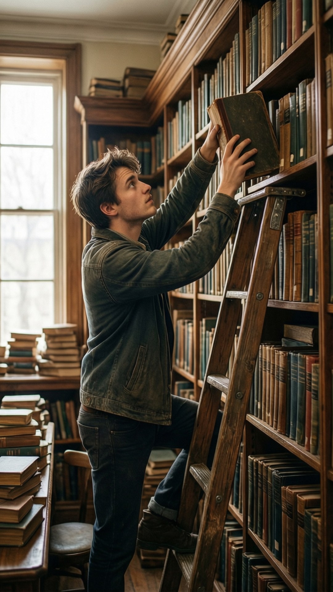 A person trying to reach a high book in a library.