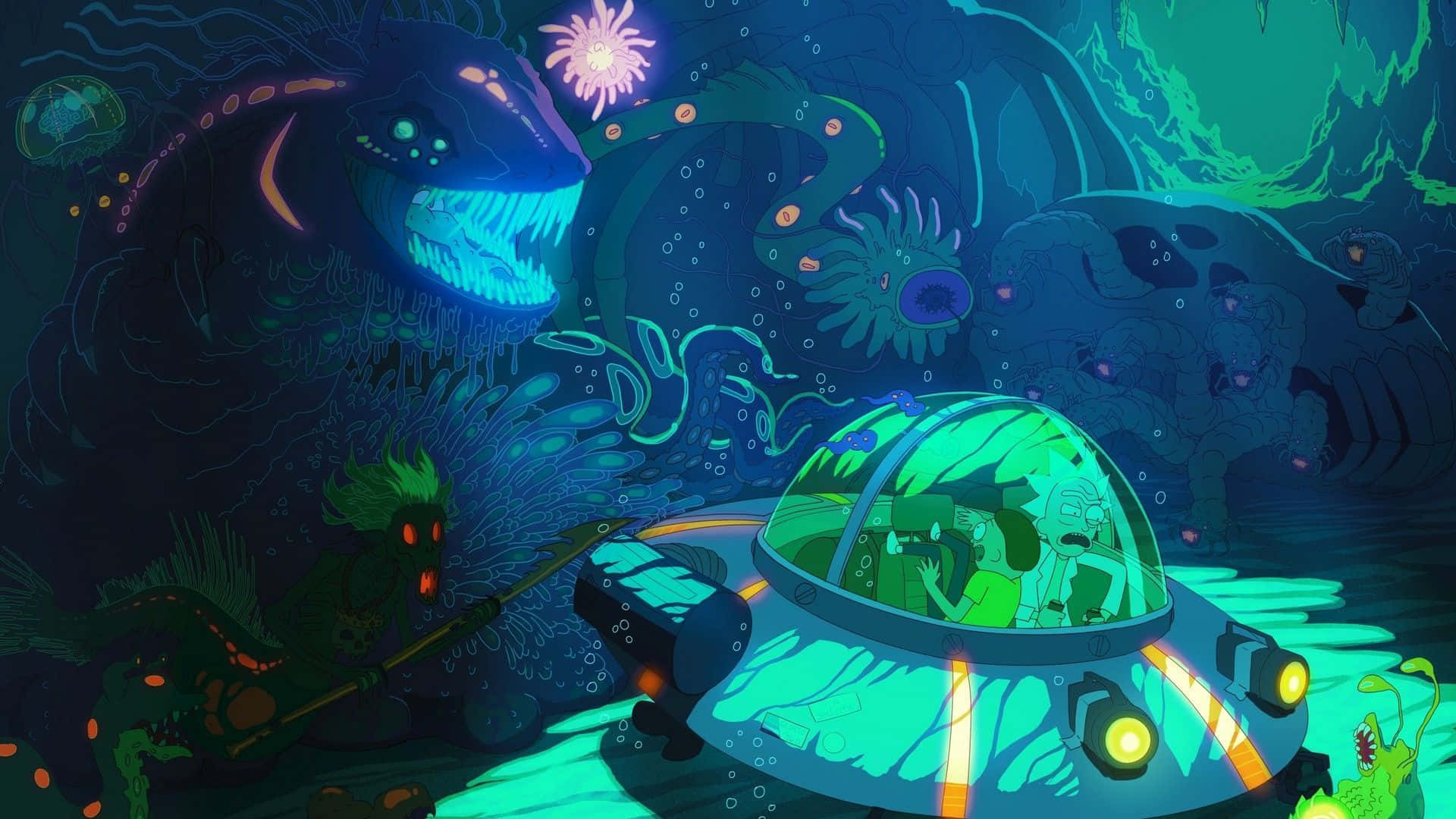 Undibujo Animado De Una Nave Espacial En El Océano Fondo de pantalla