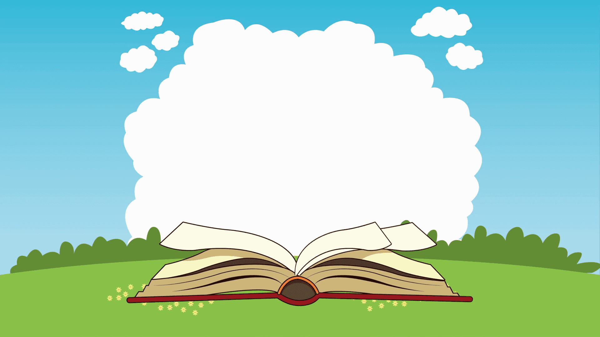 an open book with a blank space Background — An open book rests on a grassy hill under a bright blue sky with fluffy white clouds.