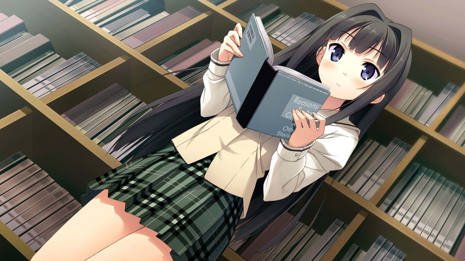 A Girl In A Skirt Reading A Book In A Library