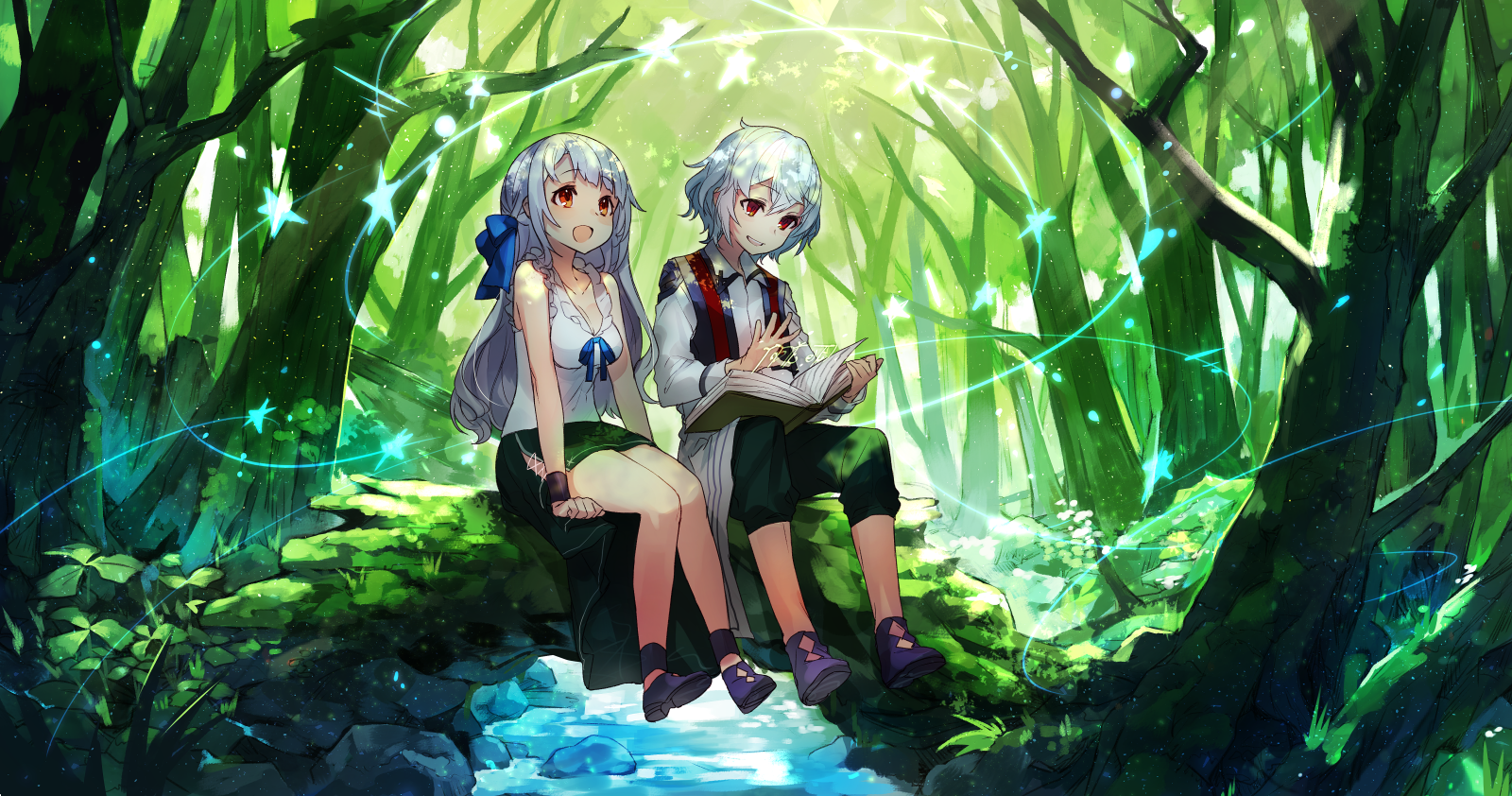 Duepersonaggi Anime Seduti Su Un Tronco Nel Bosco