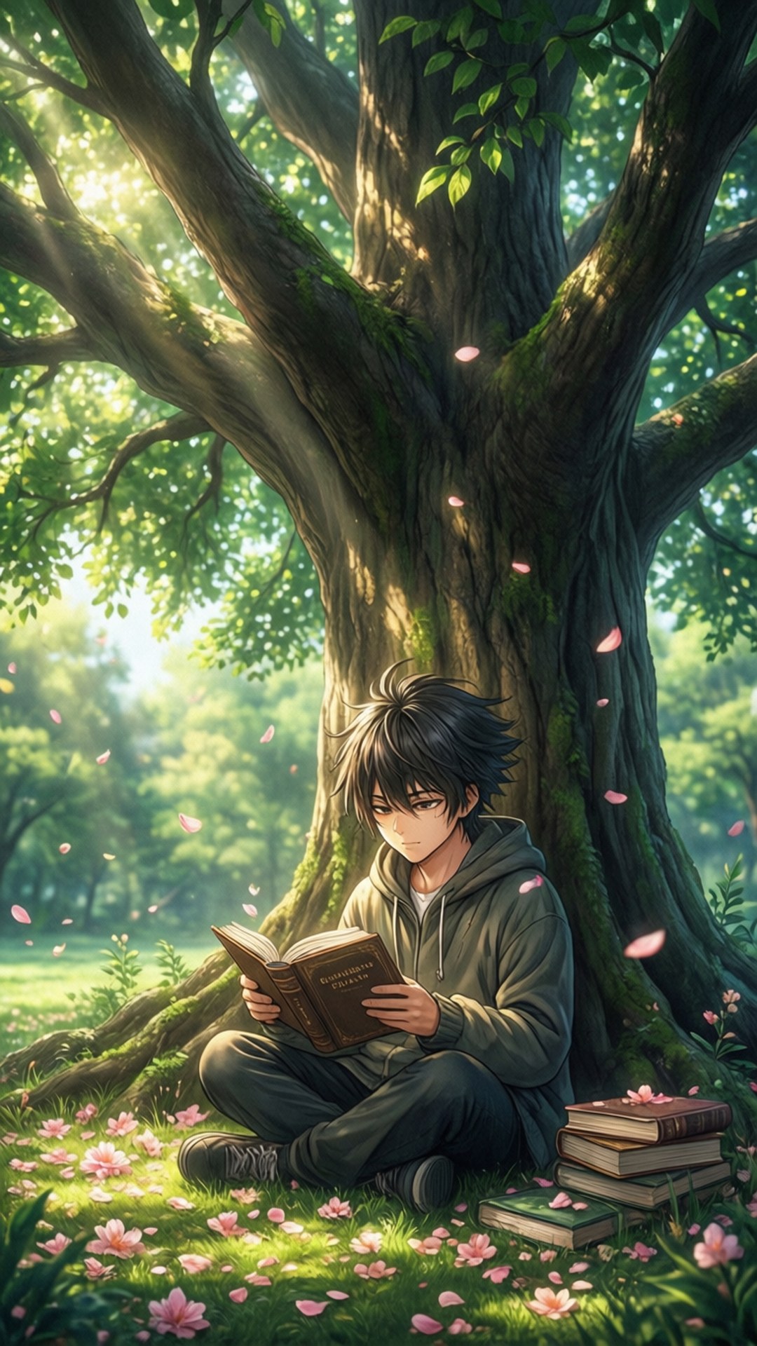 Sumomo desfruta de um momento tranquilo de leitura na natureza.