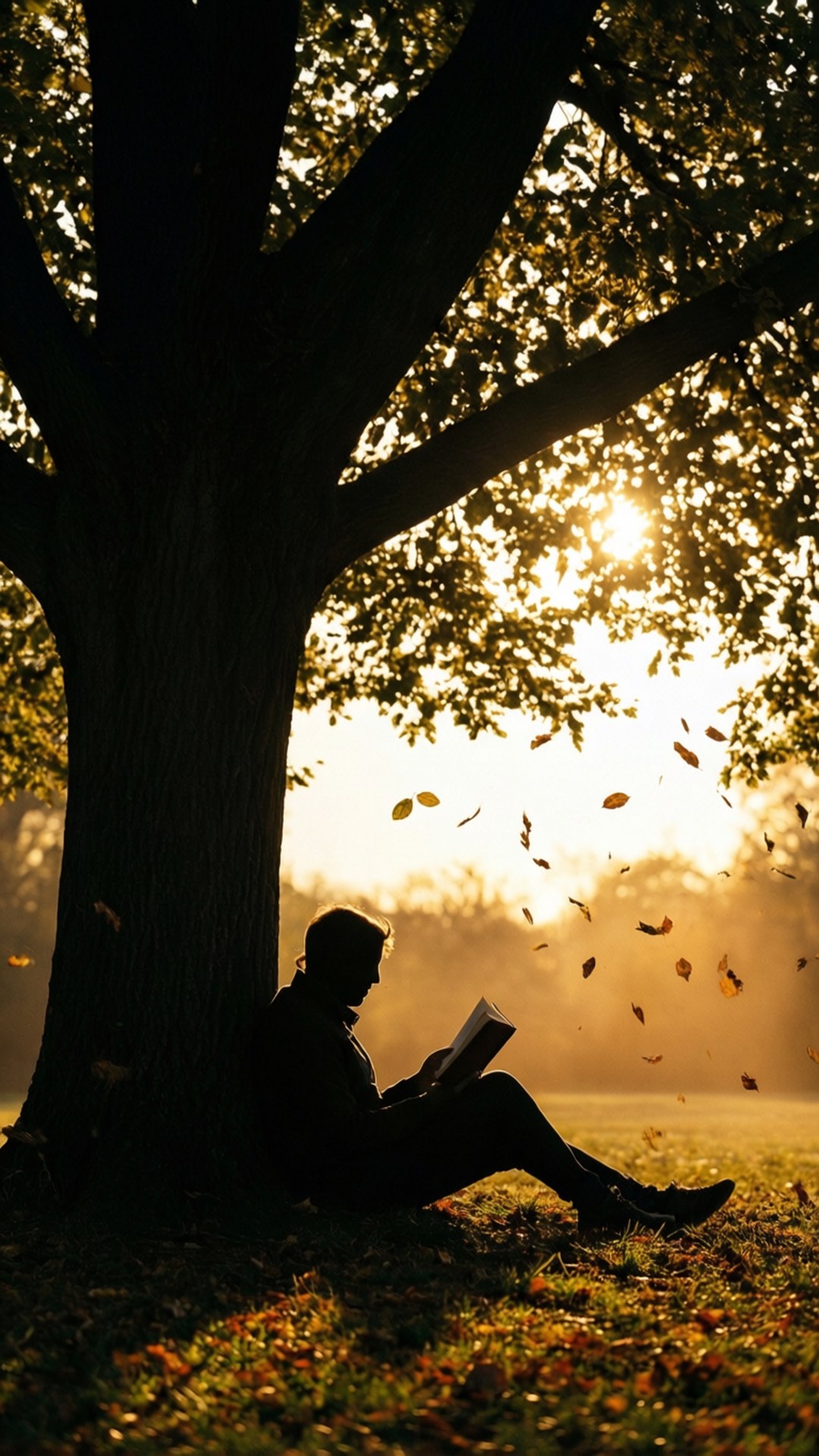 Persona che legge un libro sotto un albero con foglie che cadono nella luce dorata del sole.