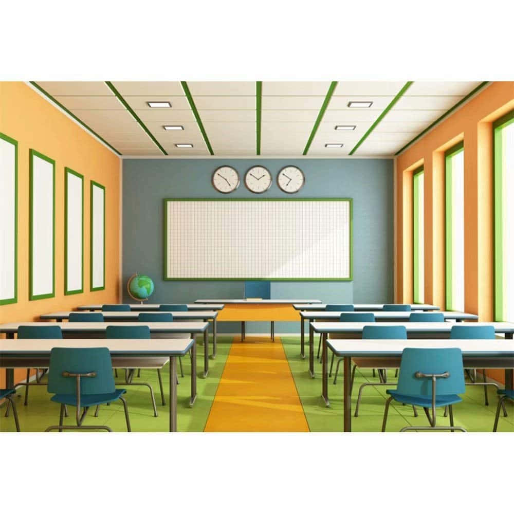 A Classroom With Desks And Chairs In A Colorful Room