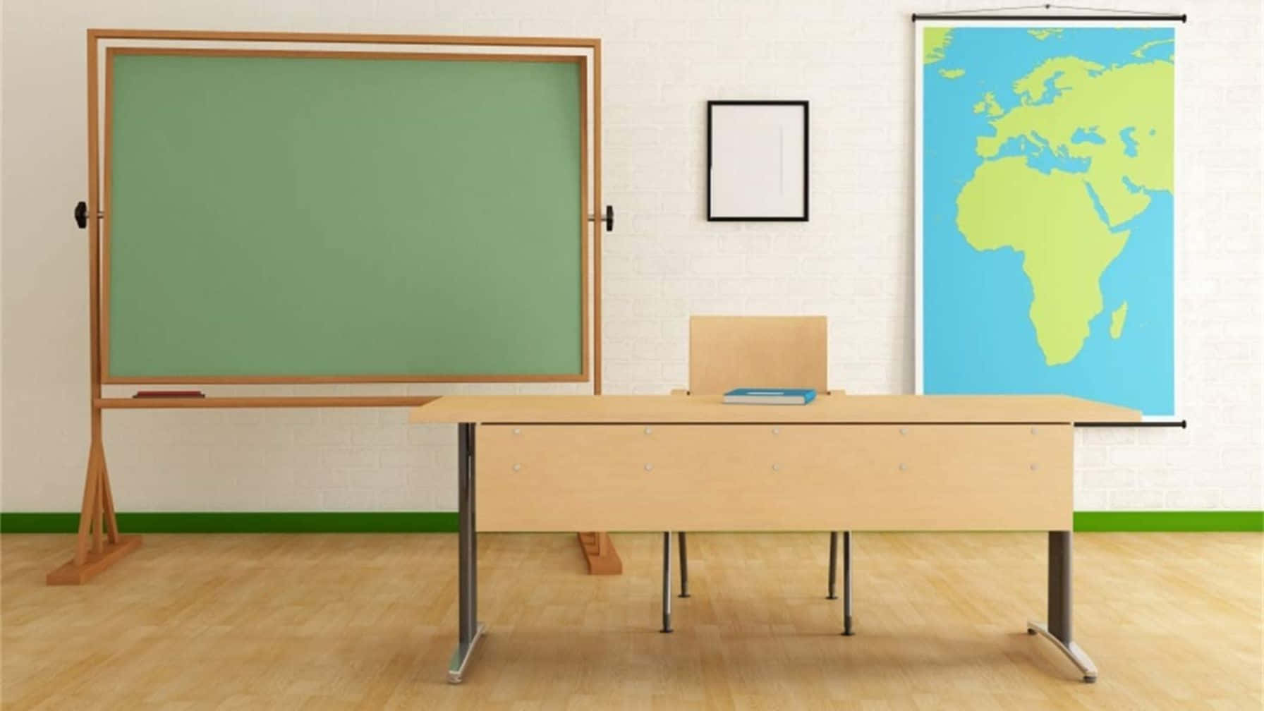 A Classroom With A Green Chalkboard And A Desk