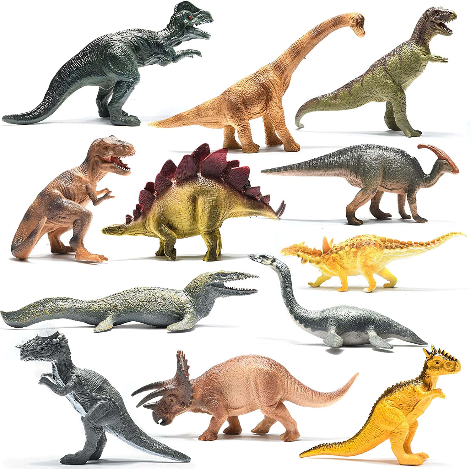 a group of dinosaur toys on a white background