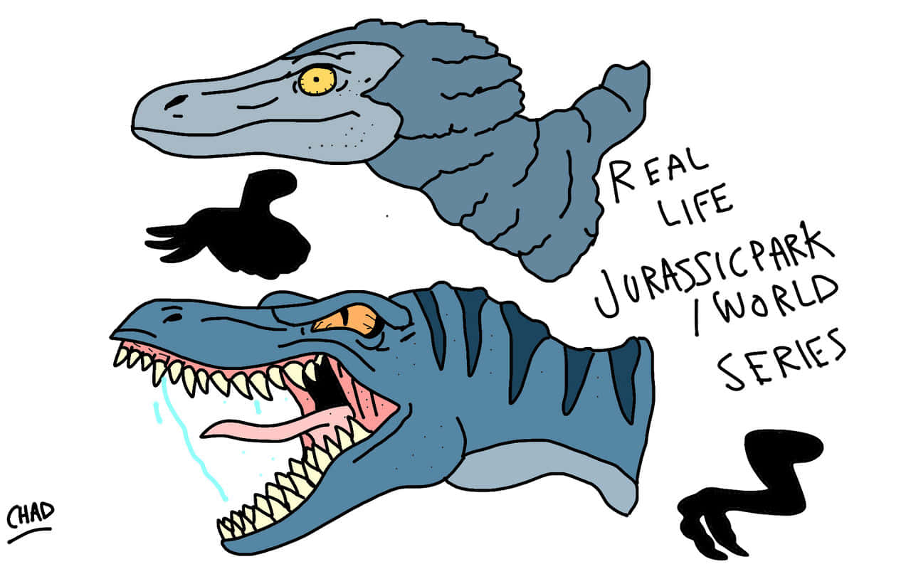 En tegning af en dinosaur med ordene virkelighedens jurassic park verdensserier