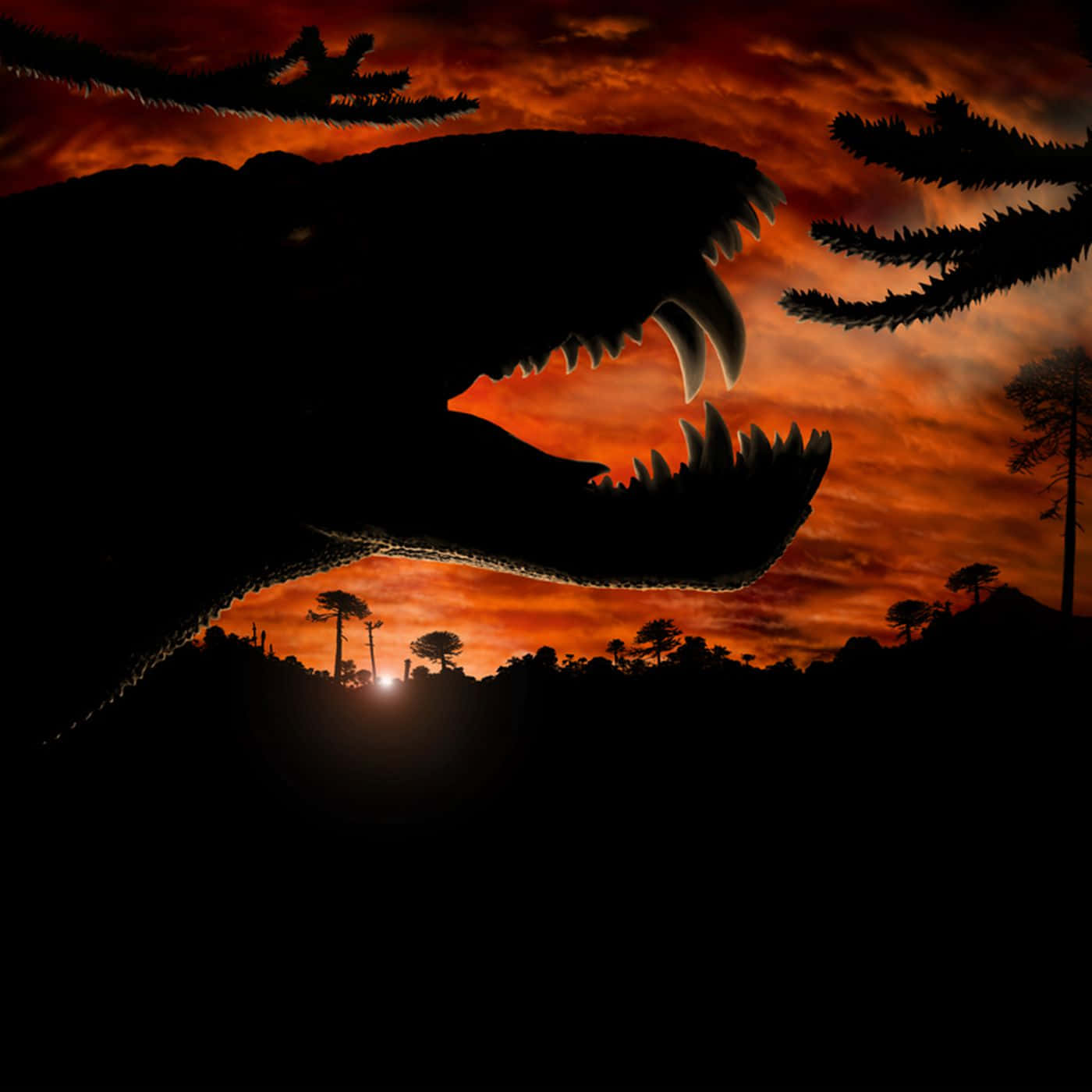 En dinosaur bliver skitseret mod solnedgangen