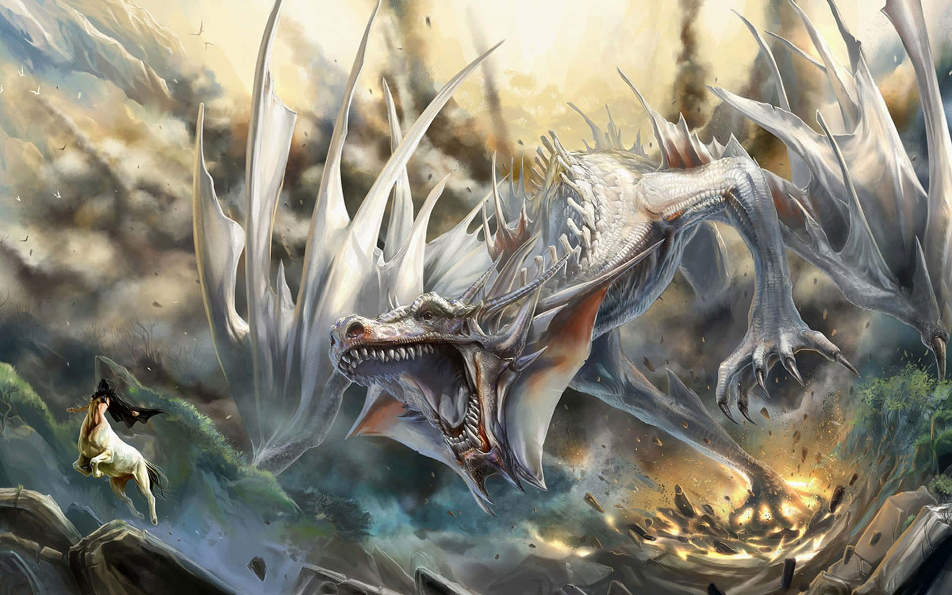 A White Dragon Is Attacking A Small Creature Wallpaper