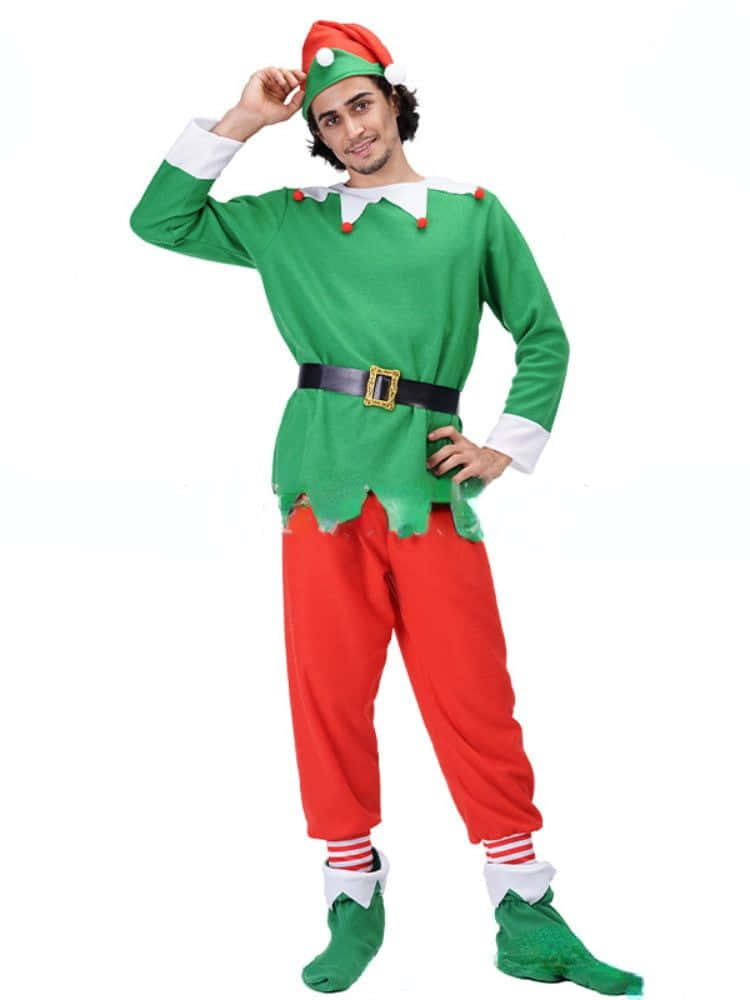 A Man In A Green And Red Elf Costume