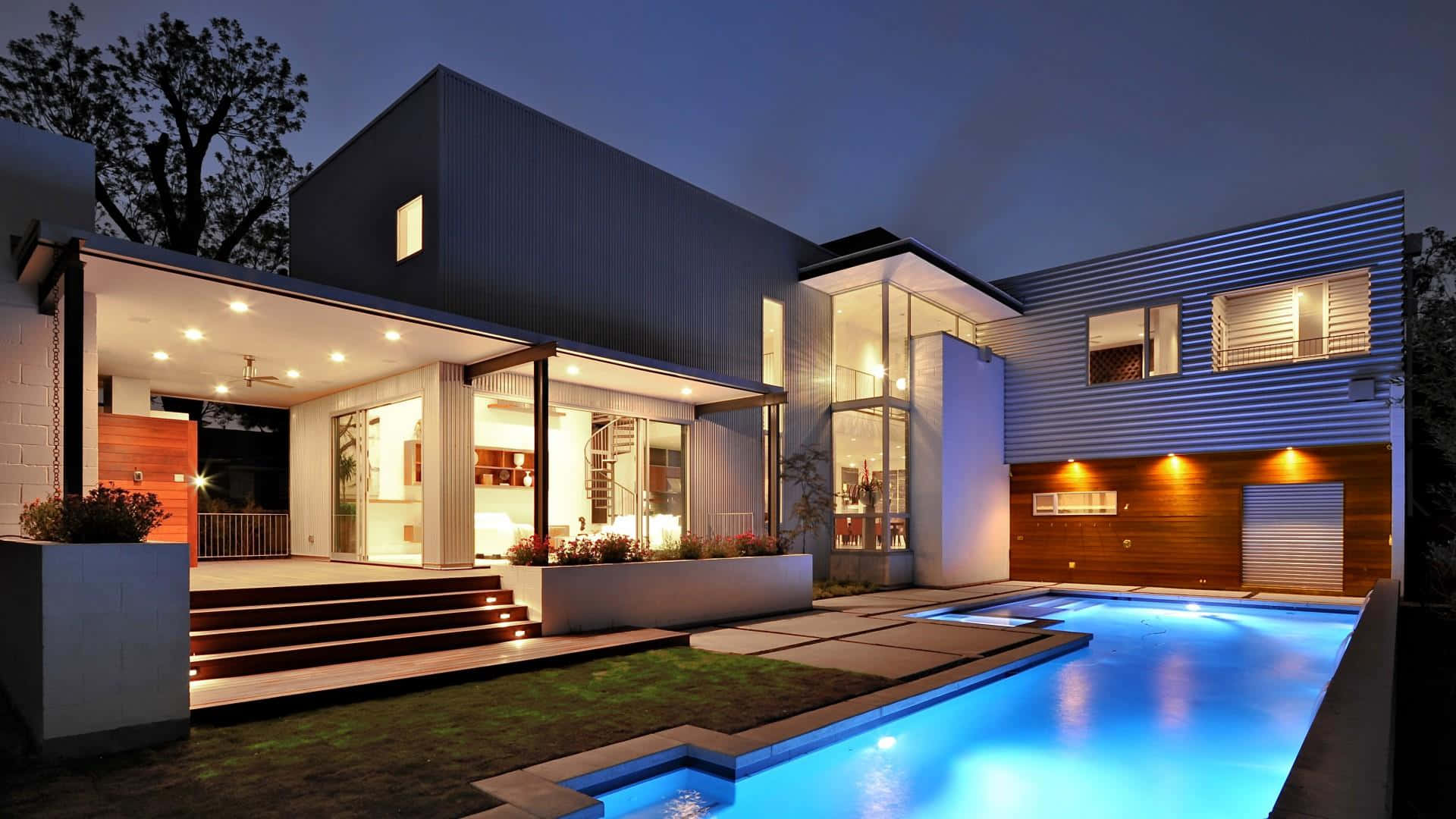 Modern House With Pool And Stairs At Night