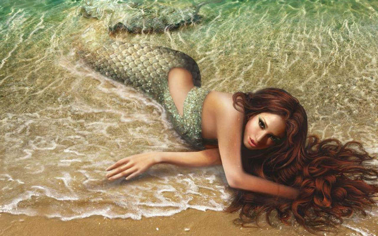 Sirene liggende på stranden med langt hår Wallpaper