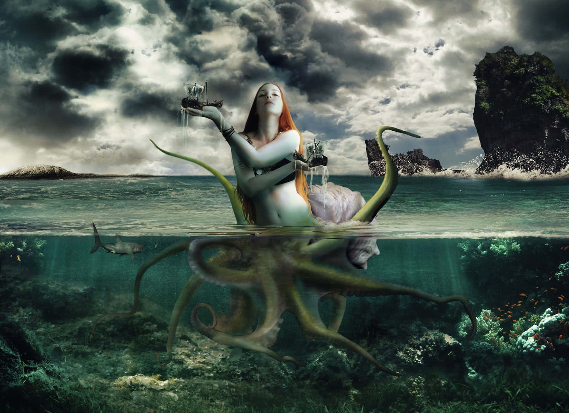 Sirene med tentakler i vandet Wallpaper