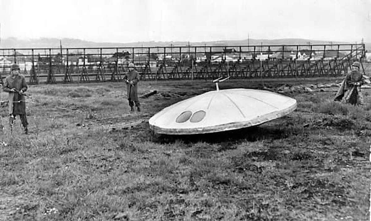Real UFO Crashed On Grass With Soldiers Black And White Picture