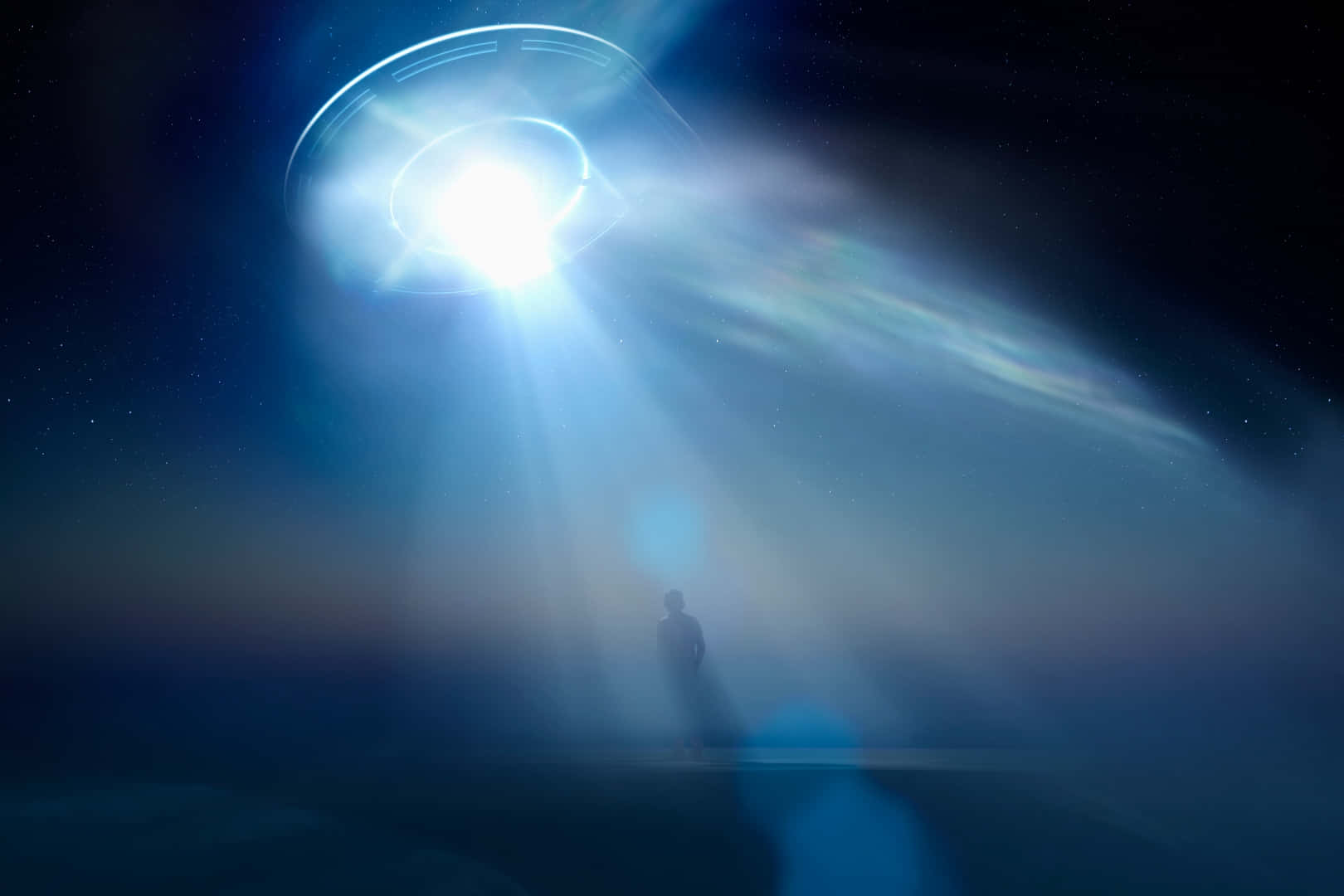 Effettireali Di Luce Blu Ufo Con Immagine Di Una Silhouette.