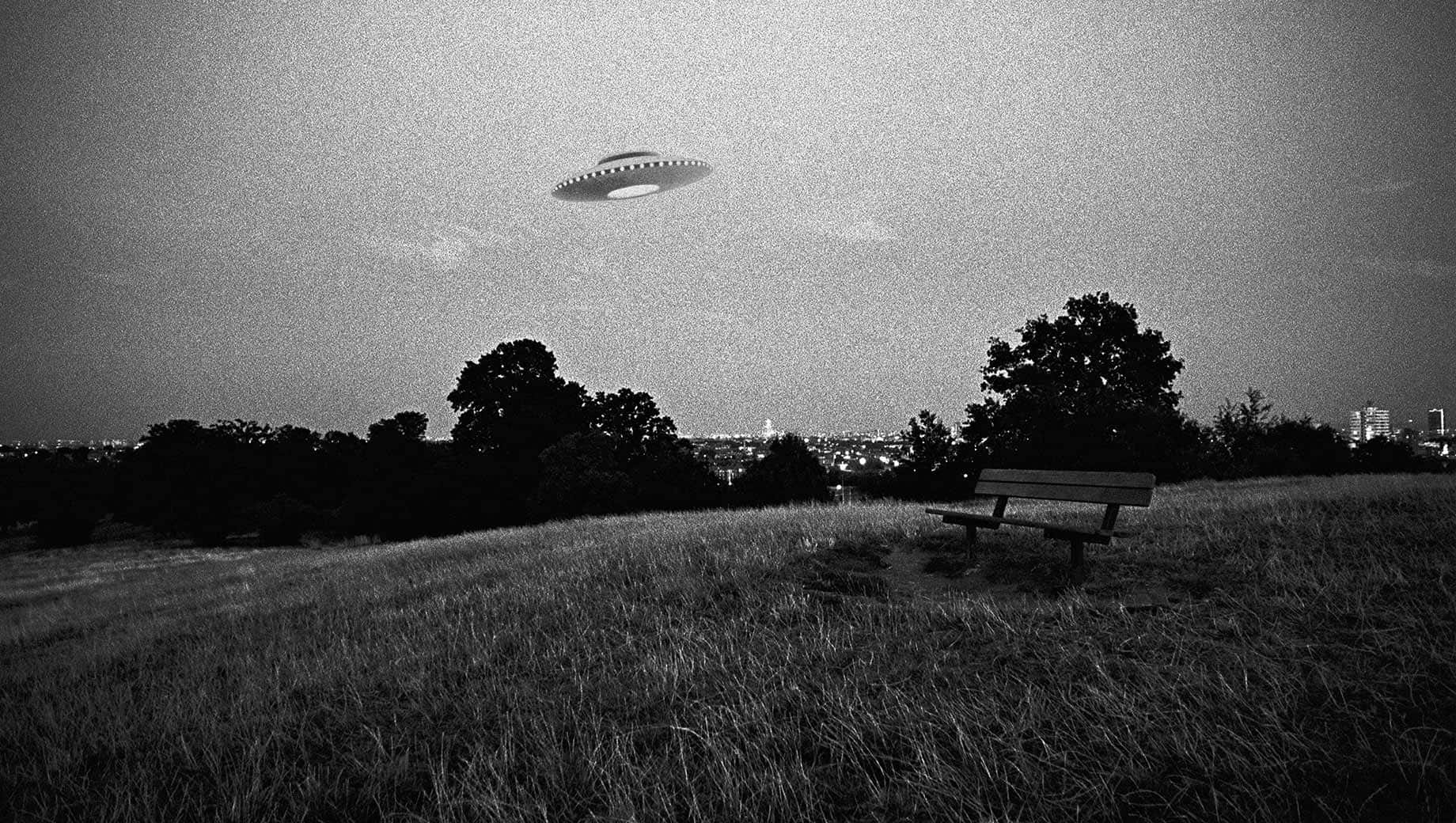 Real UFO Above Field And Forest Black And White Picture
