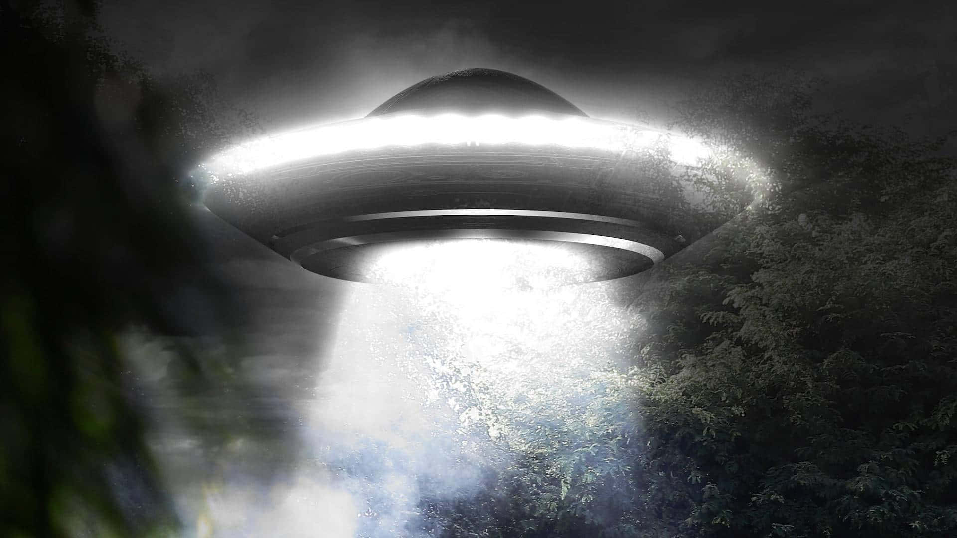 A Large Ufo Flying Over A Forest
