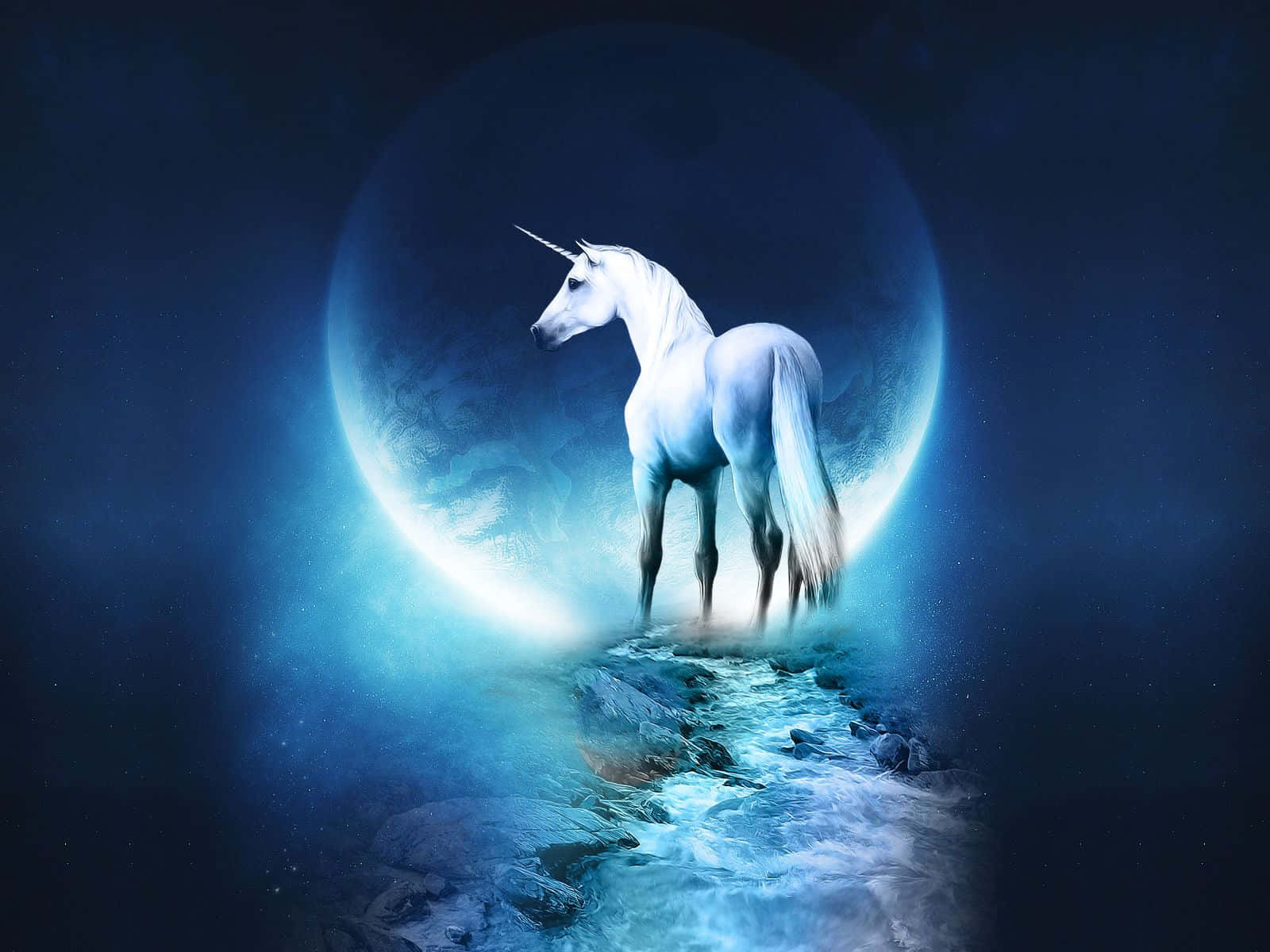 A White Unicorn Standing In Front Of A Moon Wallpaper