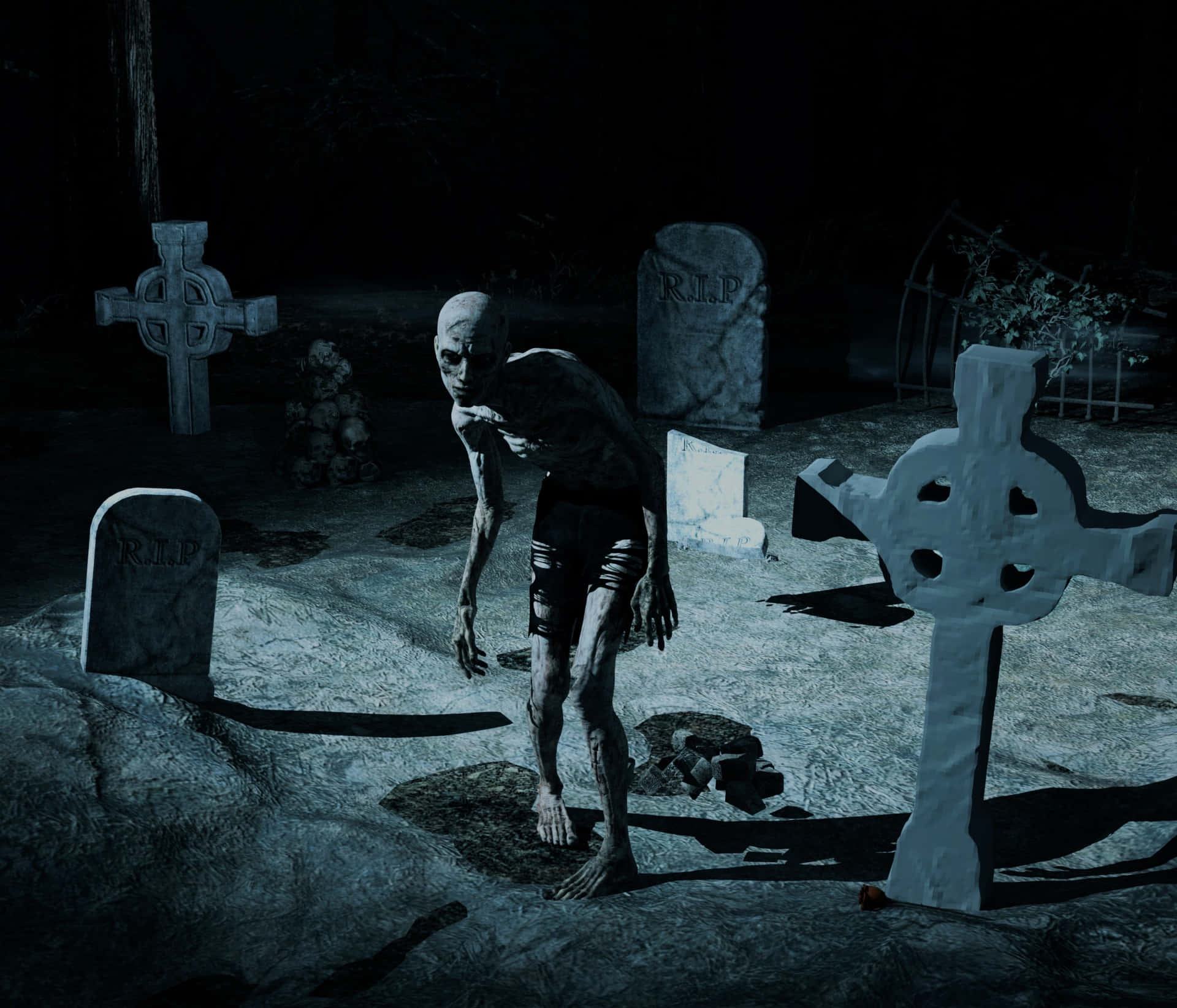 a zombie is standing in a graveyard