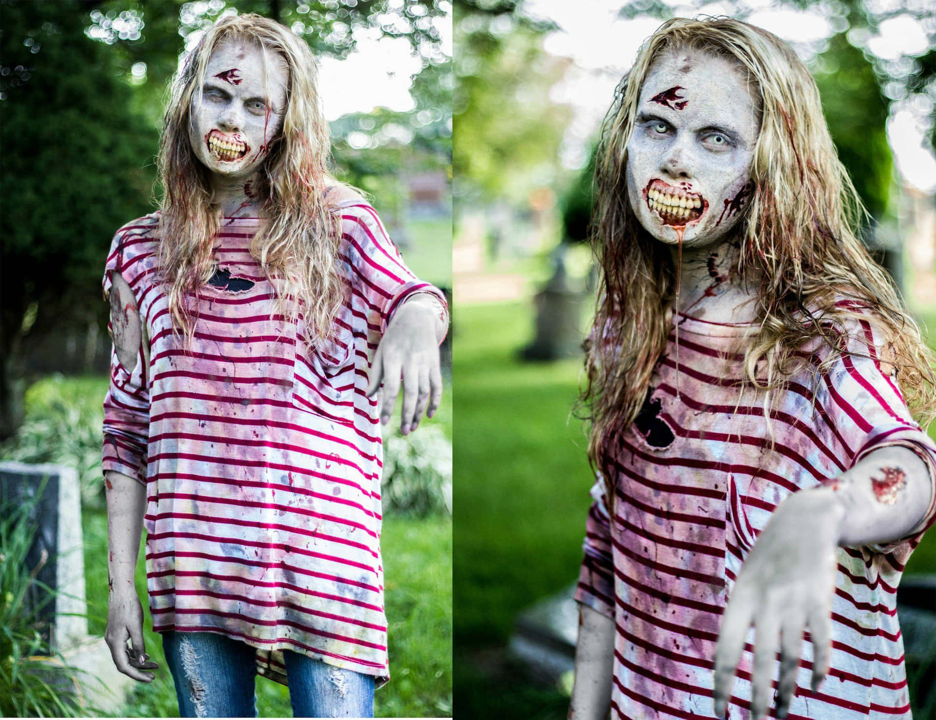 a woman dressed as a zombie is standing in a cemetery