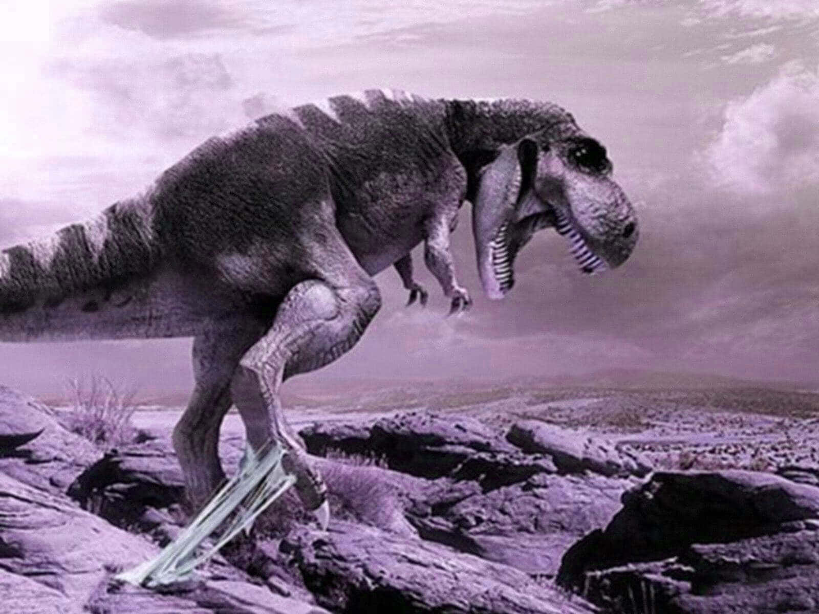 A ferocious and realistic dinosaur roams the landscape. Wallpaper