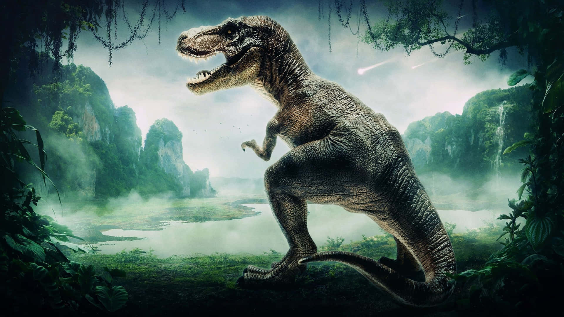 A lifelike Brachiosaurus dinosaur standing in a meadow Wallpaper