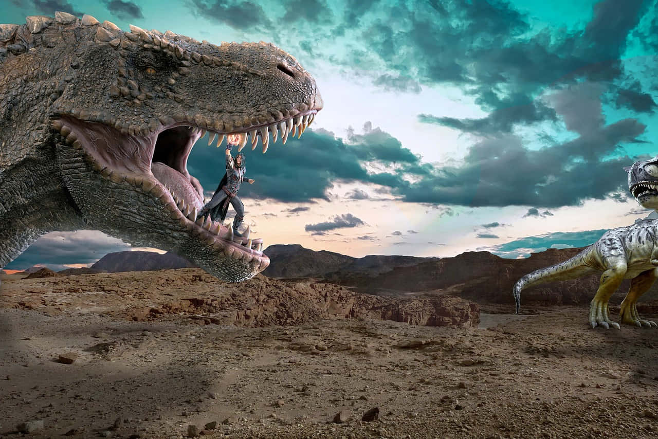 A Realistic Dinosaur Roams Through a Museum Wallpaper